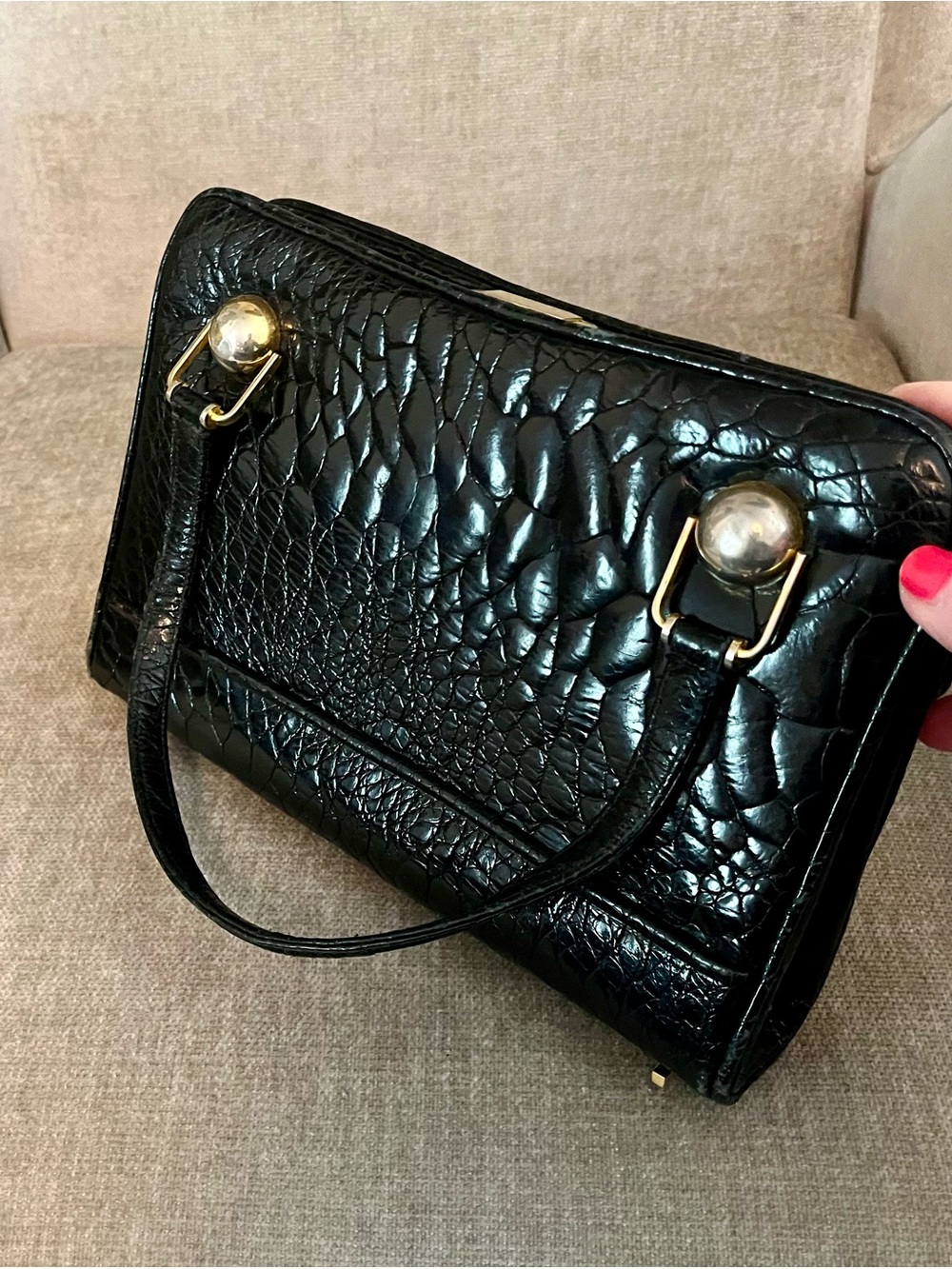 Vintage Black Croc Top-Handle Bag with Solid Brass Hardware, 3 compartments